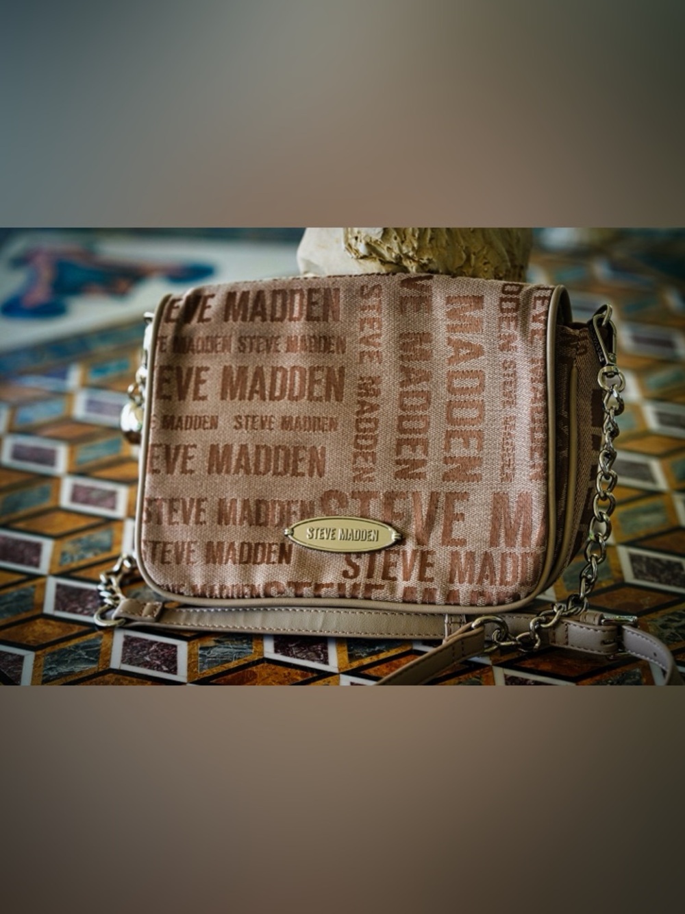 Steve Madden Logo Canvas Crossbody Shoulder Bag Khaki Tan